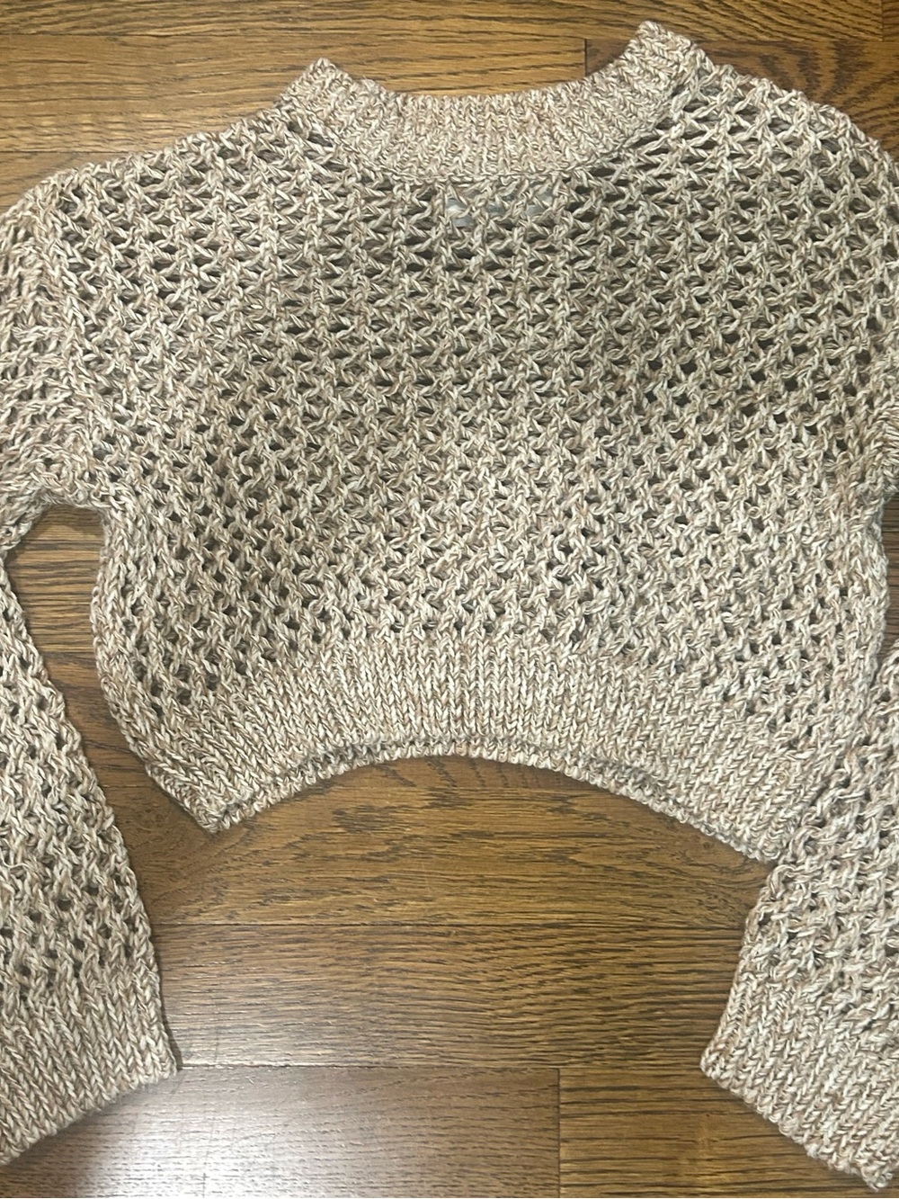 Zara Open-Knit Cropped Crewneck Sweater - Beige Mix